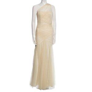 Monique Lhuillier One-Shoulder Ivory Draped Tulle Evening Gown Size 8 Dress NWT